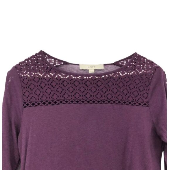 Loft purple long sleeve illusion lace neckline cutout crochet sleeve t-shirt XS - Picture 2 of 13